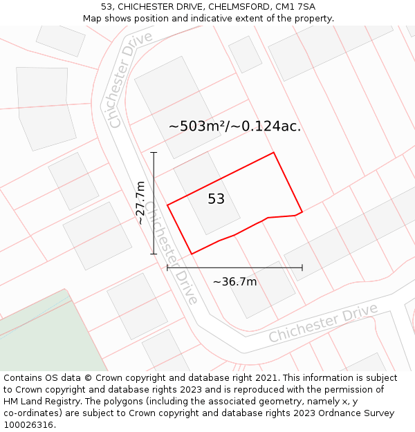53, CHICHESTER DRIVE, CHELMSFORD, CM1 7SA: Plot and title map