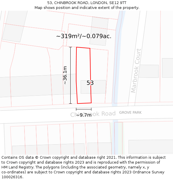53, CHINBROOK ROAD, LONDON, SE12 9TT: Plot and title map
