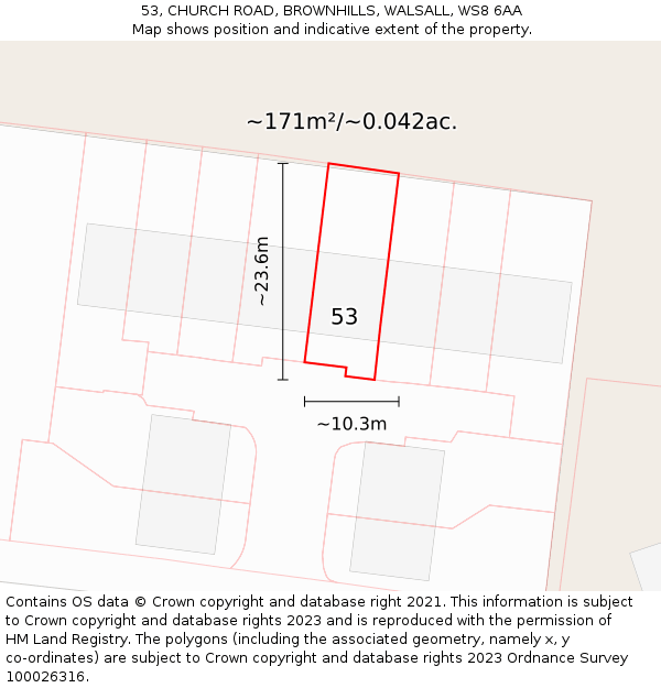 53, CHURCH ROAD, BROWNHILLS, WALSALL, WS8 6AA: Plot and title map