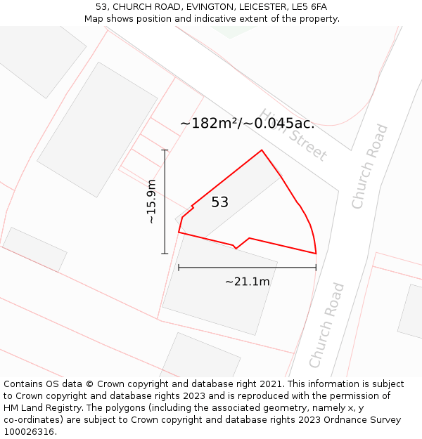 53, CHURCH ROAD, EVINGTON, LEICESTER, LE5 6FA: Plot and title map