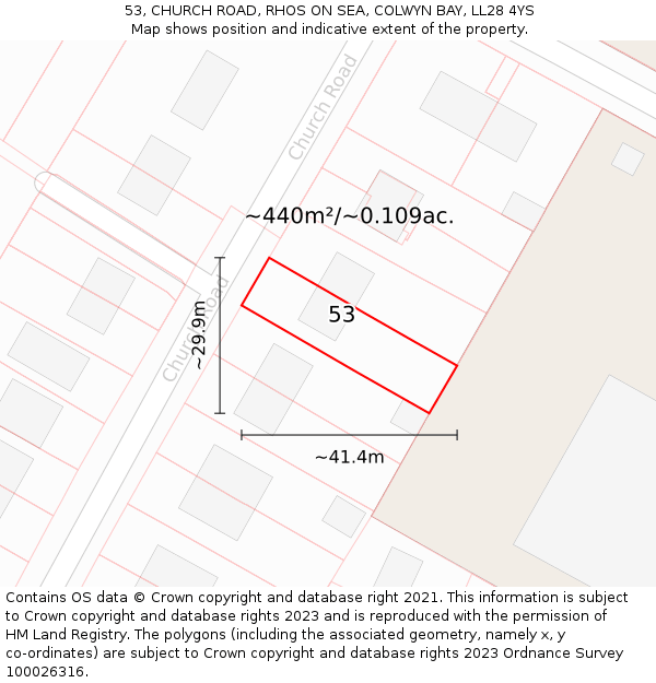 53, CHURCH ROAD, RHOS ON SEA, COLWYN BAY, LL28 4YS: Plot and title map