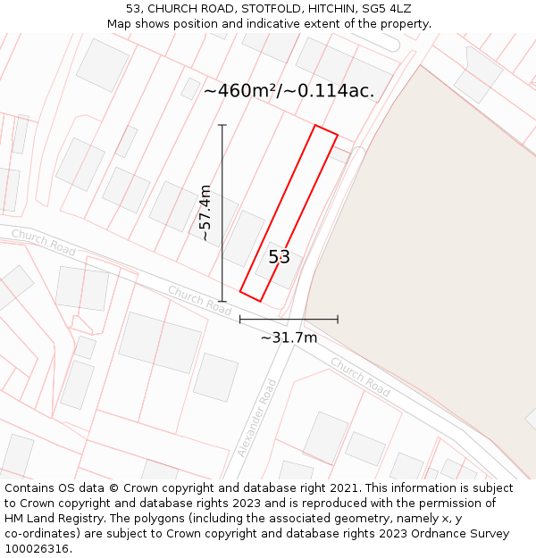 53, CHURCH ROAD, STOTFOLD, HITCHIN, SG5 4LZ: Plot and title map