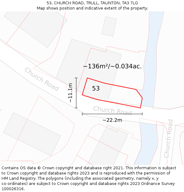53, CHURCH ROAD, TRULL, TAUNTON, TA3 7LG: Plot and title map