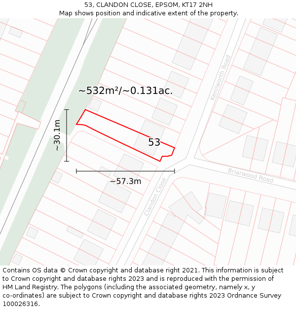 53, CLANDON CLOSE, EPSOM, KT17 2NH: Plot and title map