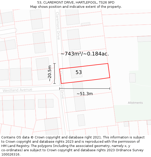 53, CLAREMONT DRIVE, HARTLEPOOL, TS26 9PD: Plot and title map