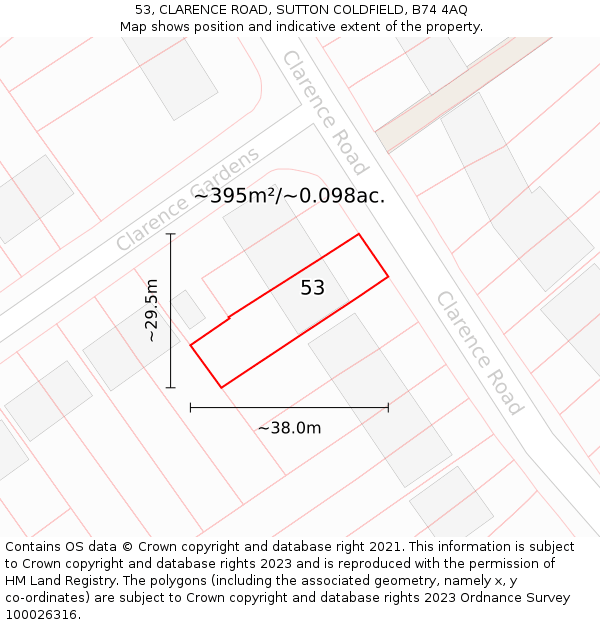 53, CLARENCE ROAD, SUTTON COLDFIELD, B74 4AQ: Plot and title map