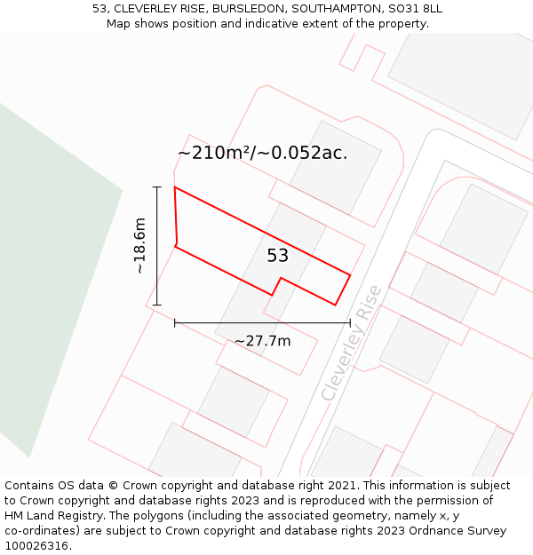 53, CLEVERLEY RISE, BURSLEDON, SOUTHAMPTON, SO31 8LL: Plot and title map