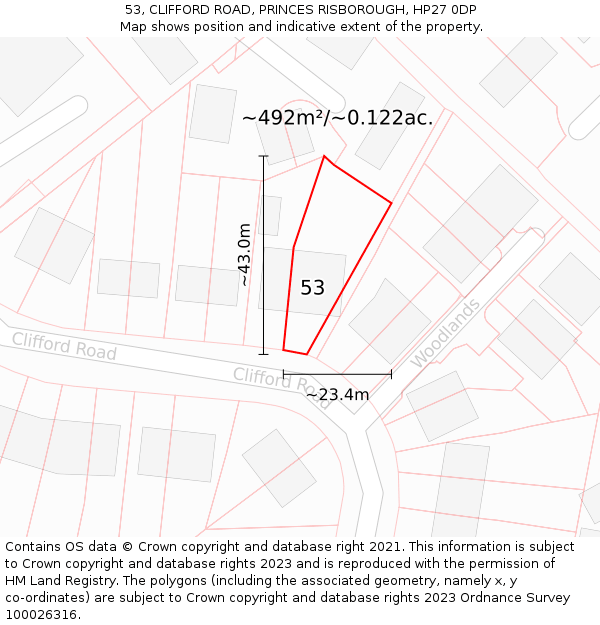 53, CLIFFORD ROAD, PRINCES RISBOROUGH, HP27 0DP: Plot and title map