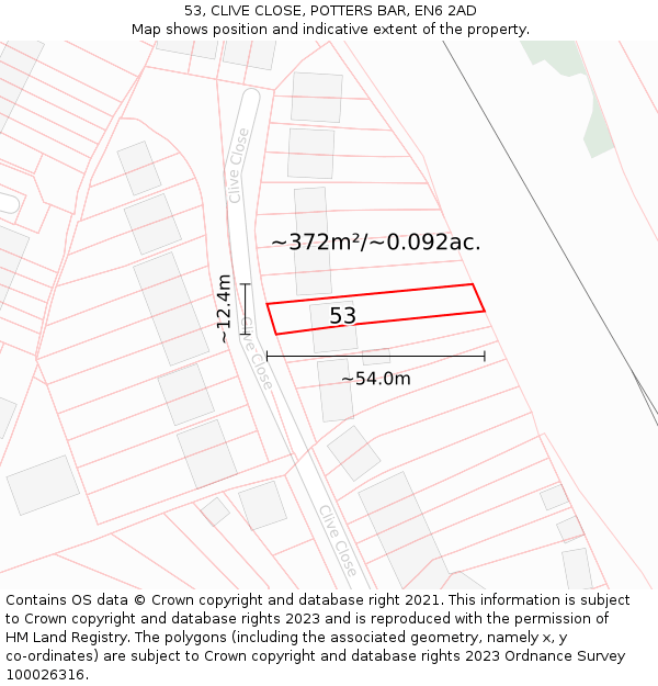 53, CLIVE CLOSE, POTTERS BAR, EN6 2AD: Plot and title map