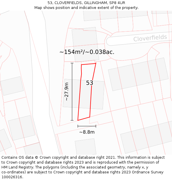 53, CLOVERFIELDS, GILLINGHAM, SP8 4UR: Plot and title map