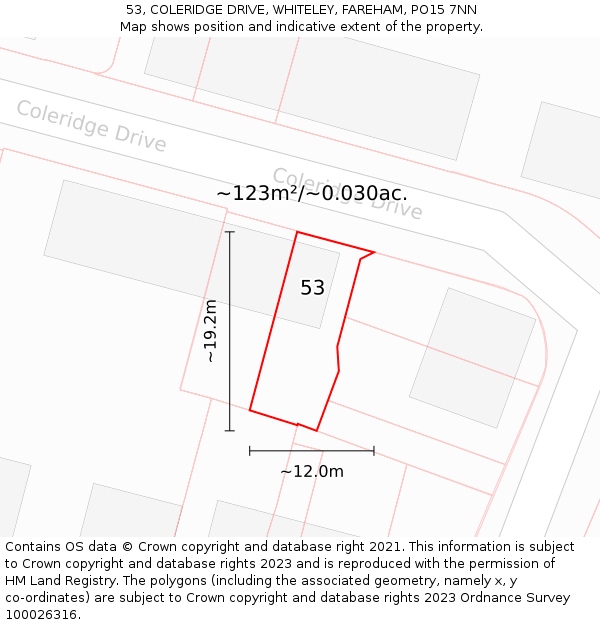 53, COLERIDGE DRIVE, WHITELEY, FAREHAM, PO15 7NN: Plot and title map
