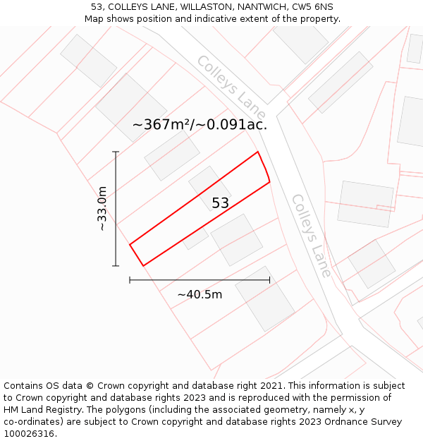 53, COLLEYS LANE, WILLASTON, NANTWICH, CW5 6NS: Plot and title map
