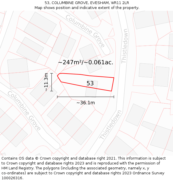 53, COLUMBINE GROVE, EVESHAM, WR11 2LR: Plot and title map