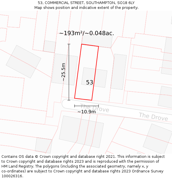 53, COMMERCIAL STREET, SOUTHAMPTON, SO18 6LY: Plot and title map