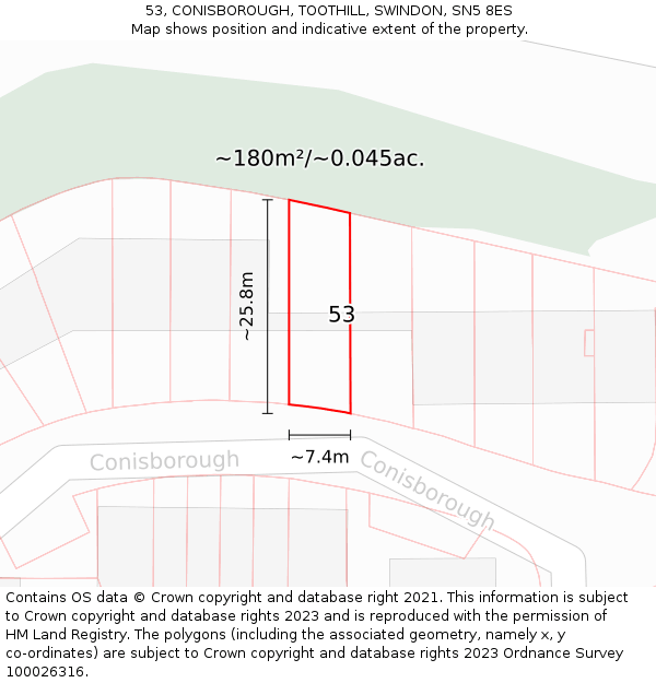 53, CONISBOROUGH, TOOTHILL, SWINDON, SN5 8ES: Plot and title map