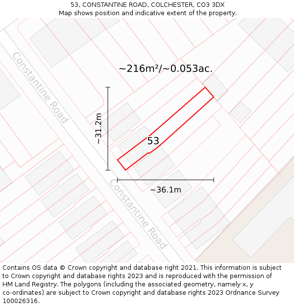 53, CONSTANTINE ROAD, COLCHESTER, CO3 3DX: Plot and title map