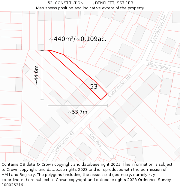 53, CONSTITUTION HILL, BENFLEET, SS7 1EB: Plot and title map