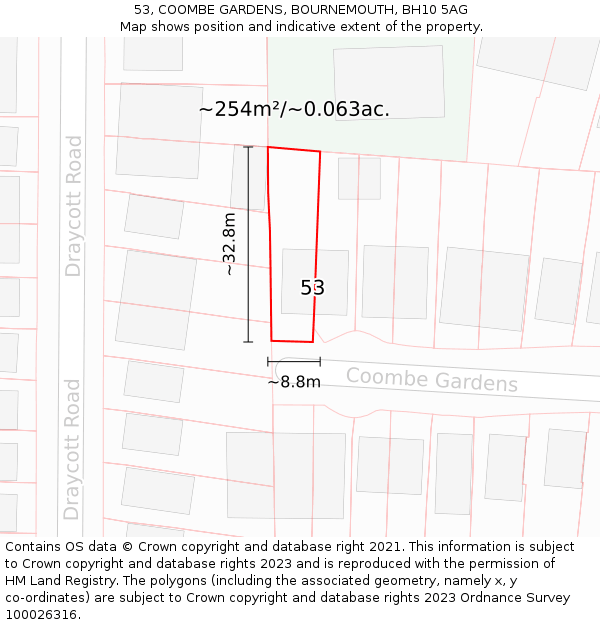 53, COOMBE GARDENS, BOURNEMOUTH, BH10 5AG: Plot and title map