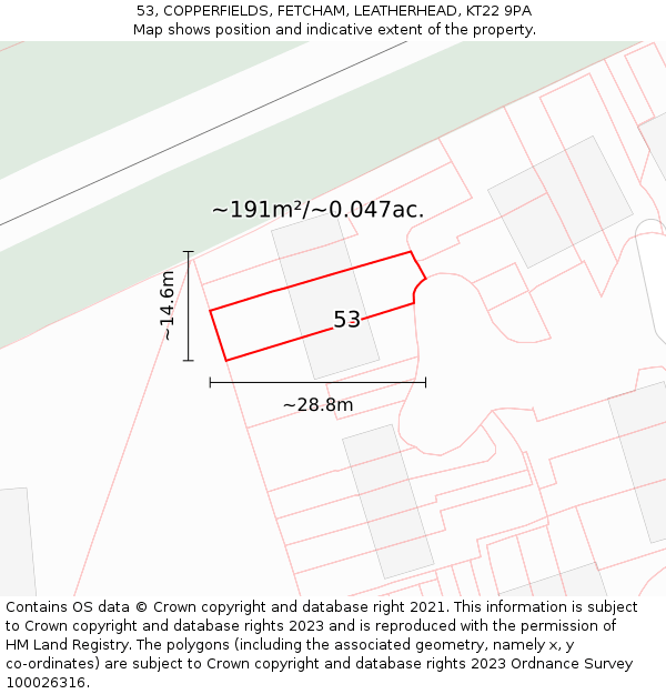 53, COPPERFIELDS, FETCHAM, LEATHERHEAD, KT22 9PA: Plot and title map