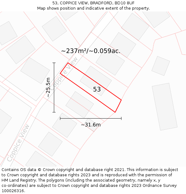 53, COPPICE VIEW, BRADFORD, BD10 8UF: Plot and title map