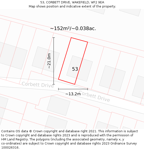 53, CORBETT DRIVE, WAKEFIELD, WF2 9EA: Plot and title map