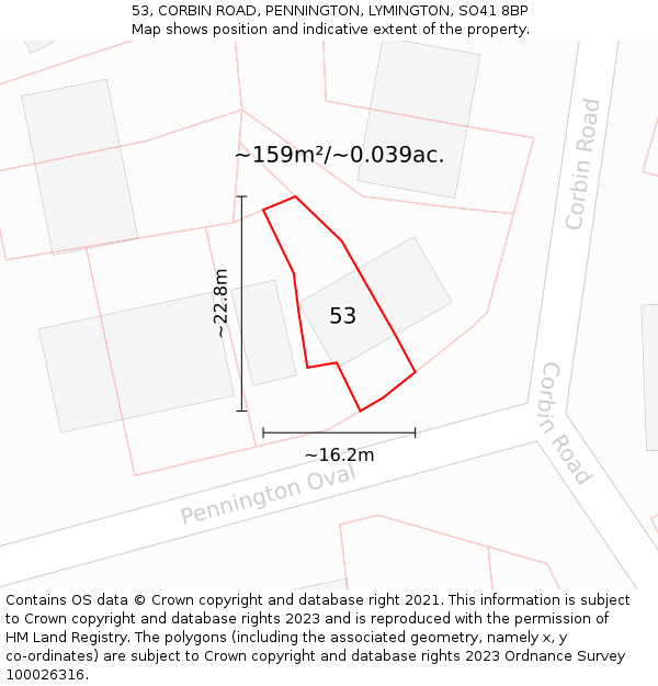 53, CORBIN ROAD, PENNINGTON, LYMINGTON, SO41 8BP: Plot and title map