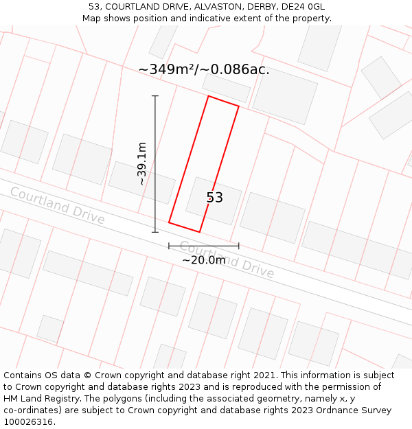 53, COURTLAND DRIVE, ALVASTON, DERBY, DE24 0GL: Plot and title map