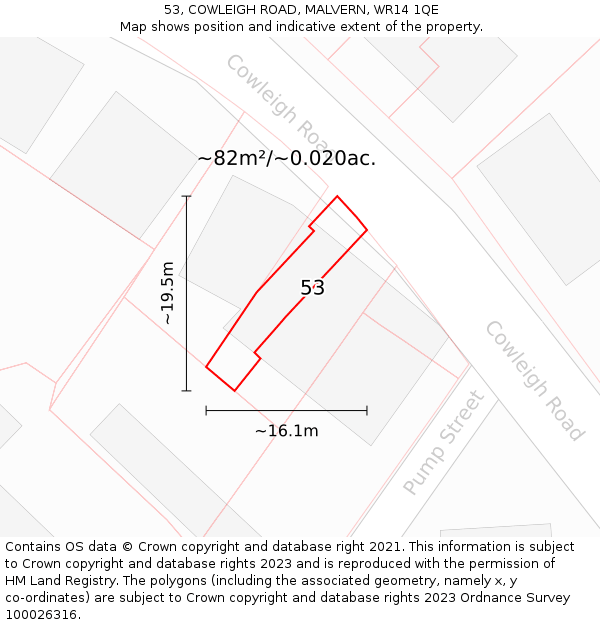 53, COWLEIGH ROAD, MALVERN, WR14 1QE: Plot and title map