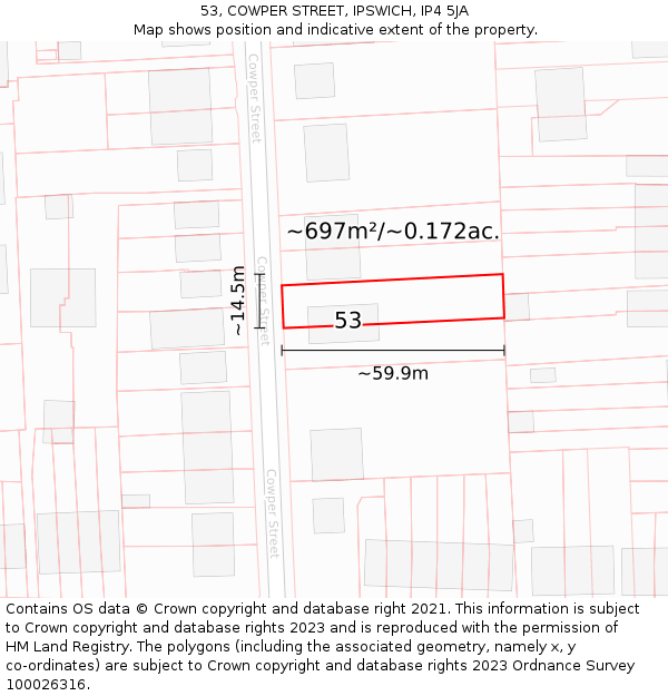 53, COWPER STREET, IPSWICH, IP4 5JA: Plot and title map