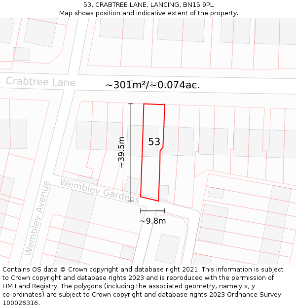 53, CRABTREE LANE, LANCING, BN15 9PL: Plot and title map