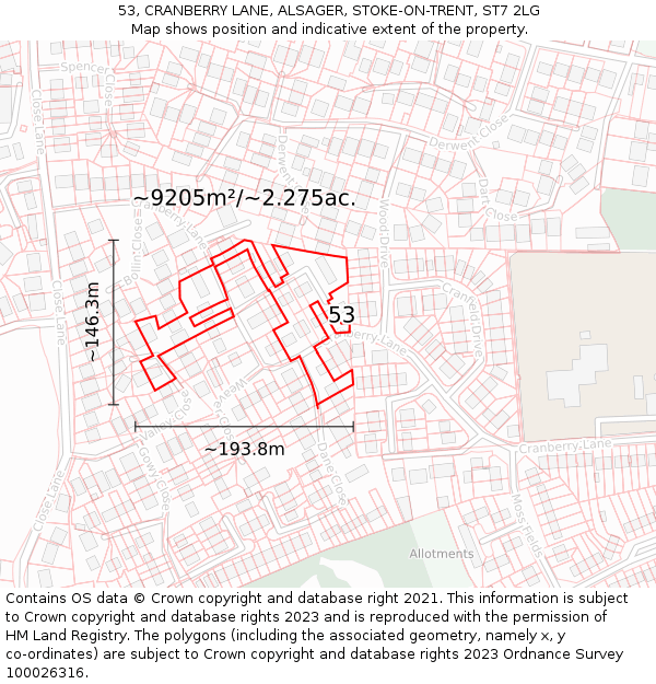 53, CRANBERRY LANE, ALSAGER, STOKE-ON-TRENT, ST7 2LG: Plot and title map