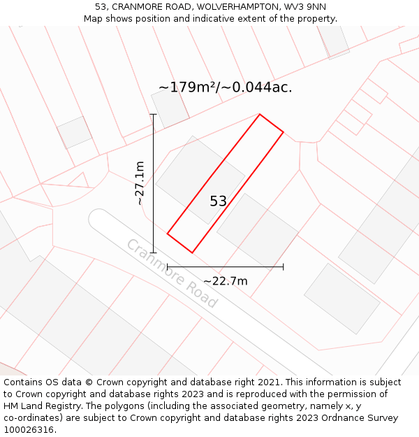53, CRANMORE ROAD, WOLVERHAMPTON, WV3 9NN: Plot and title map