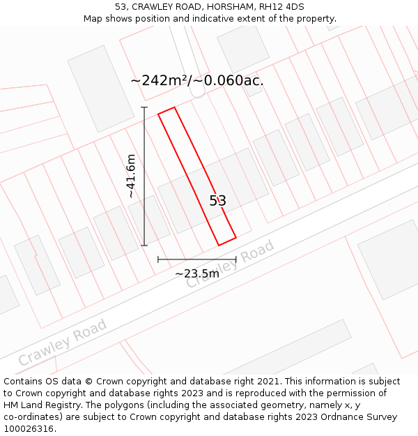 53, CRAWLEY ROAD, HORSHAM, RH12 4DS: Plot and title map