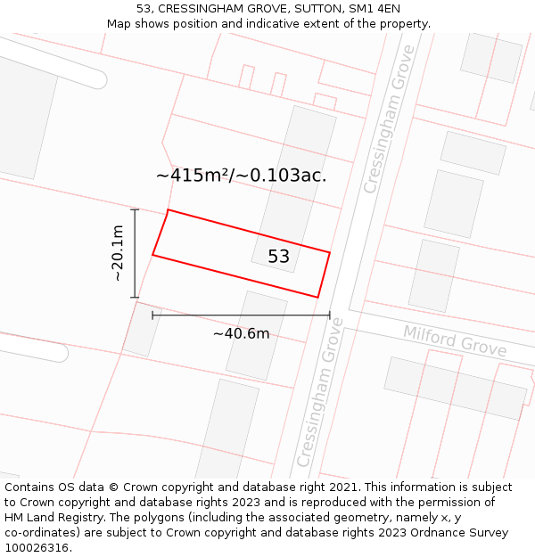 53, CRESSINGHAM GROVE, SUTTON, SM1 4EN: Plot and title map