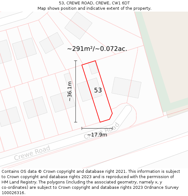53, CREWE ROAD, CREWE, CW1 6DT: Plot and title map