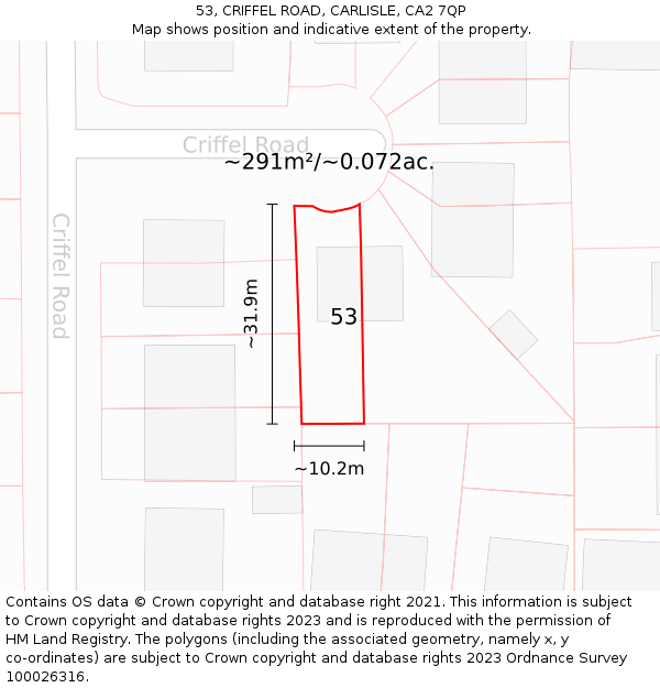 53, CRIFFEL ROAD, CARLISLE, CA2 7QP: Plot and title map