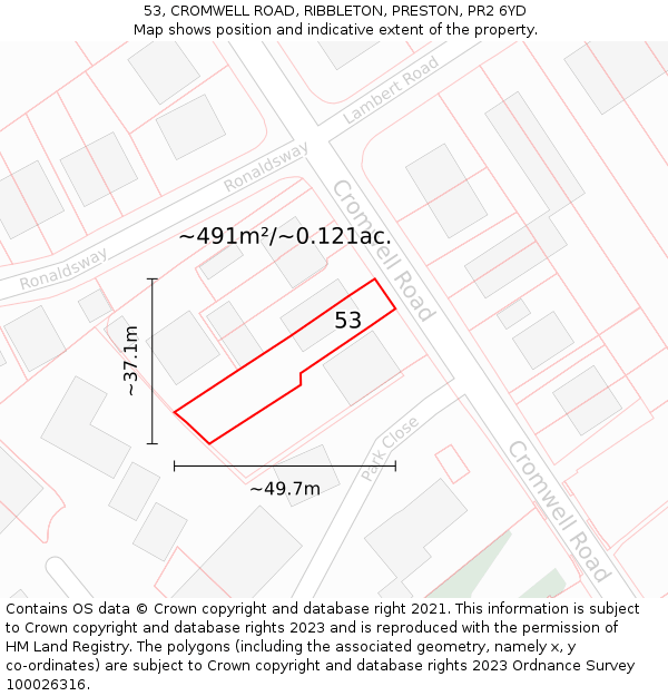 53, CROMWELL ROAD, RIBBLETON, PRESTON, PR2 6YD: Plot and title map