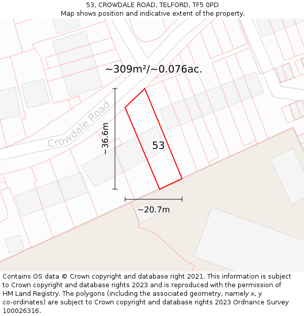 53, CROWDALE ROAD, TELFORD, TF5 0PD: Plot and title map
