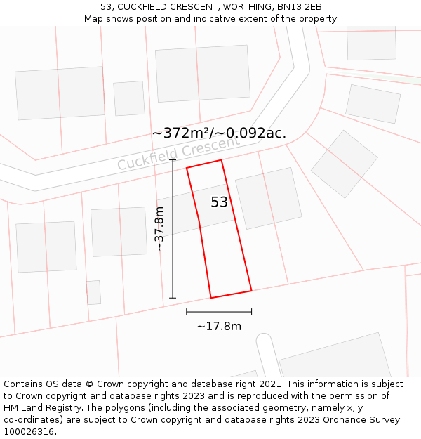 53, CUCKFIELD CRESCENT, WORTHING, BN13 2EB: Plot and title map