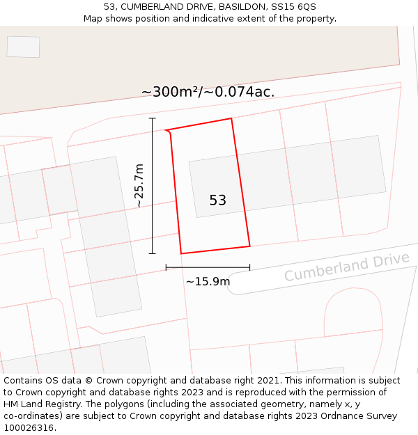 53, CUMBERLAND DRIVE, BASILDON, SS15 6QS: Plot and title map