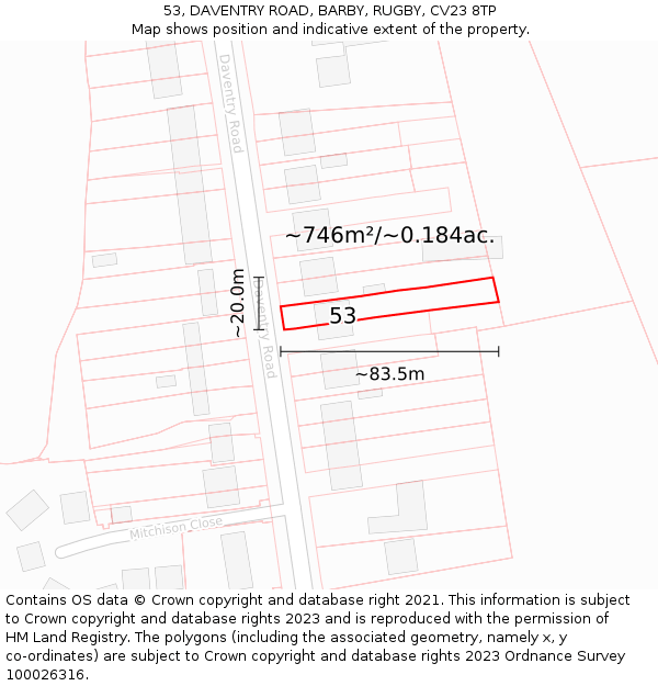 53, DAVENTRY ROAD, BARBY, RUGBY, CV23 8TP: Plot and title map