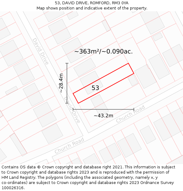 53, DAVID DRIVE, ROMFORD, RM3 0YA: Plot and title map
