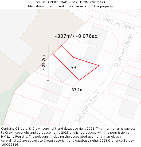 53, DELAMERE ROAD, CONGLETON, CW12 4PA: Plot and title map