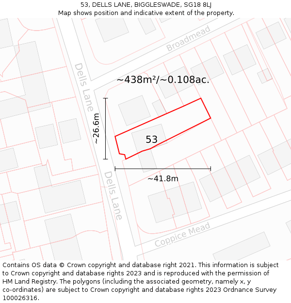 53, DELLS LANE, BIGGLESWADE, SG18 8LJ: Plot and title map