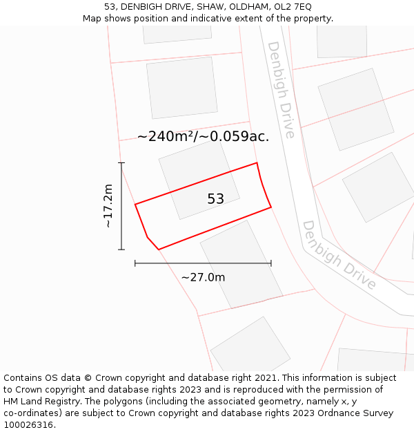 53, DENBIGH DRIVE, SHAW, OLDHAM, OL2 7EQ: Plot and title map