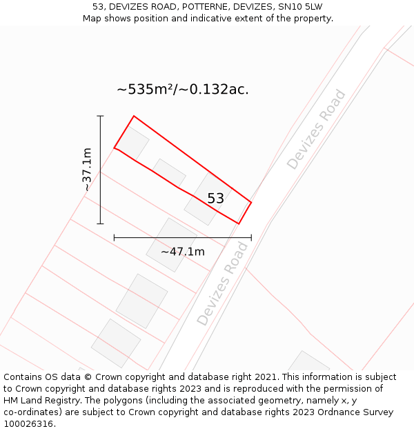 53, DEVIZES ROAD, POTTERNE, DEVIZES, SN10 5LW: Plot and title map
