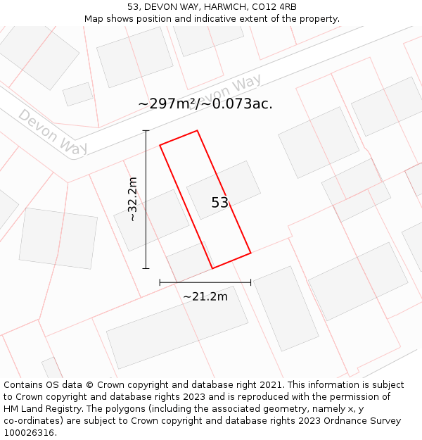 53, DEVON WAY, HARWICH, CO12 4RB: Plot and title map