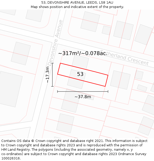 53, DEVONSHIRE AVENUE, LEEDS, LS8 1AU: Plot and title map