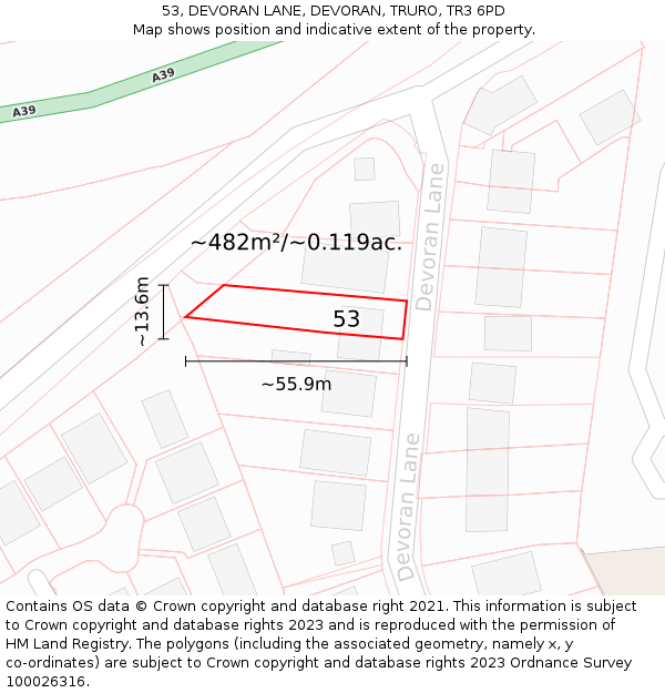 53, DEVORAN LANE, DEVORAN, TRURO, TR3 6PD: Plot and title map