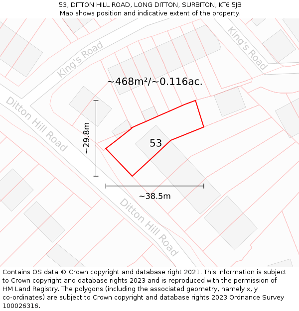 53, DITTON HILL ROAD, LONG DITTON, SURBITON, KT6 5JB: Plot and title map